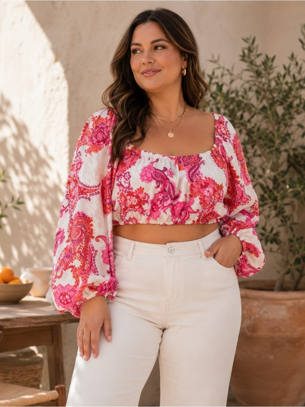 SHEIN Paisley Puff Sleeve Crop Top Pink Orange Boho Festival 1X Blouse NWT